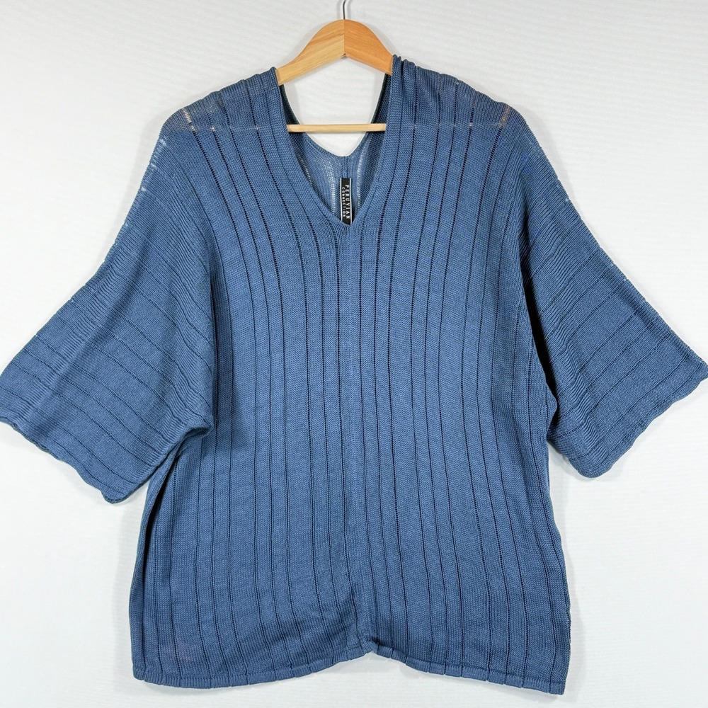 Peruvian Connection Knit Top Womens XL Blue Pima Cotton Ribbed Boho Coastal